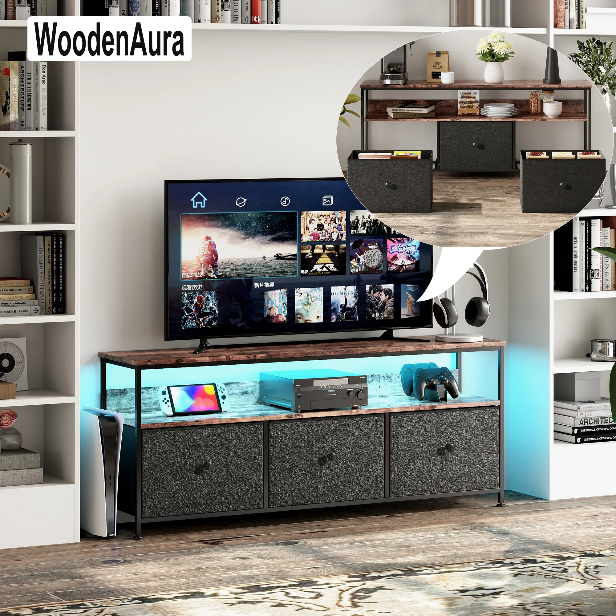 LED-TV-Schrank, 108 cm, TV-Tisch, Tele mit LED-Schublade, Fernsehtisch für Wohnzimmer mit Aufbewahrung, TV-Bank, Unterschrank