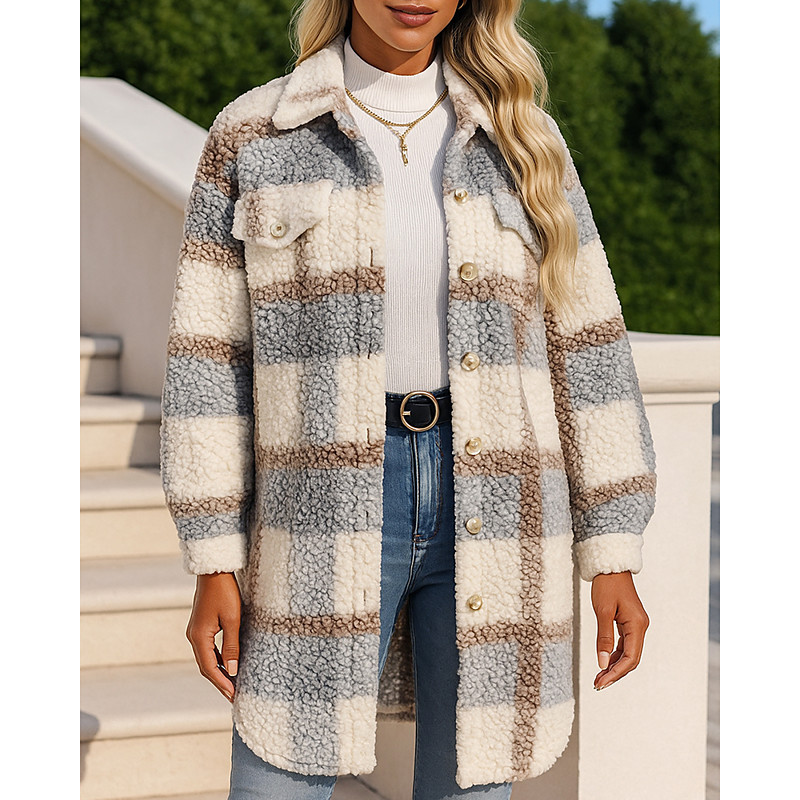 Women's Long Winter Coat Polar Fleece Jacket with Pockets Long Sleeve Top Athleisure Plaid Checkered Windproof Warm Hiking Travel Vacation Sportswear Activewear Light Brown Khaki Grey