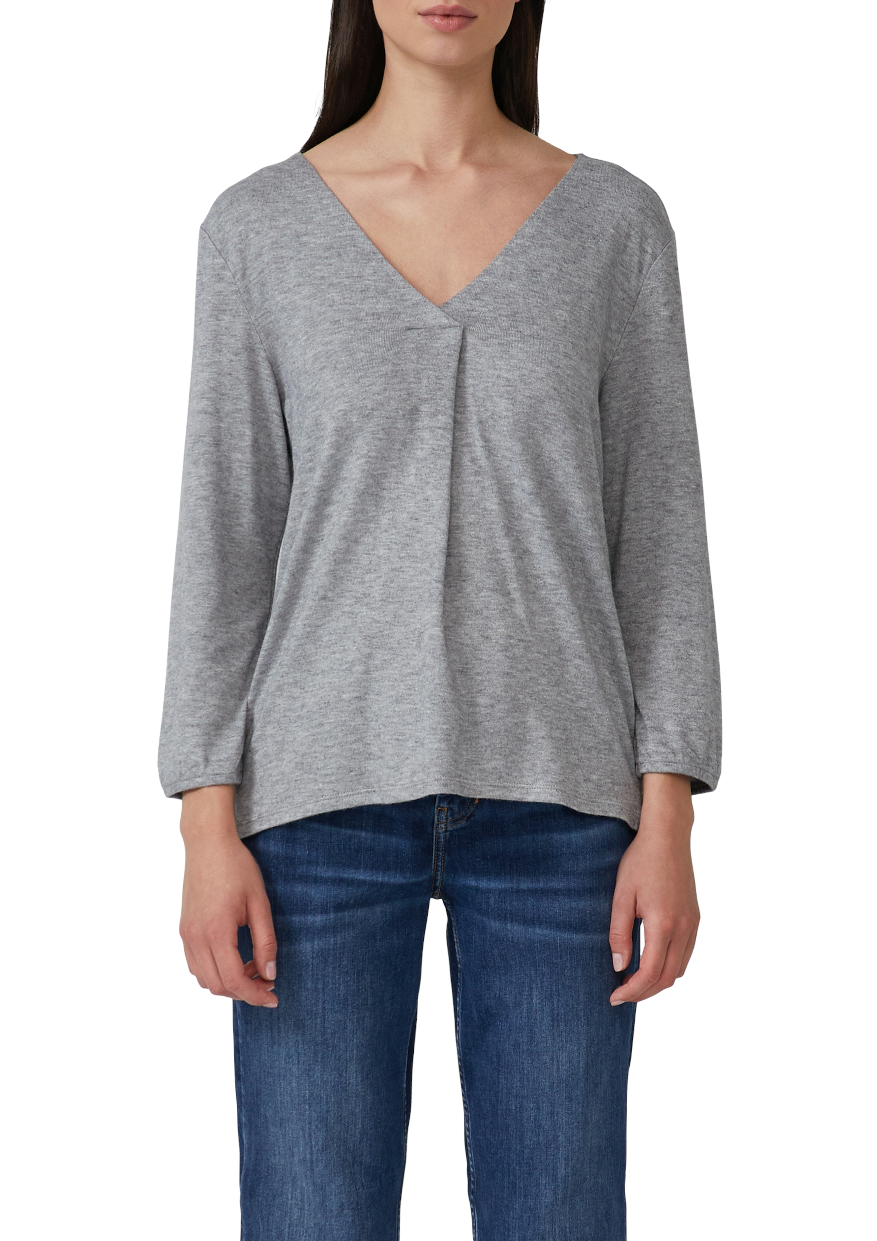 3/4-Arm-Shirt S.OLIVER, Damen, Gr. 38, grau melange, Web, Obermaterial: 50% Viskose, 28% Polyester, 22% Polyamid, meliert, lässig geschnitten hüftbedeckend, V-Ausschnitt, elastischer Bund, Shirts 3/4-Arm-Shirt, mit V-Ausschnitt