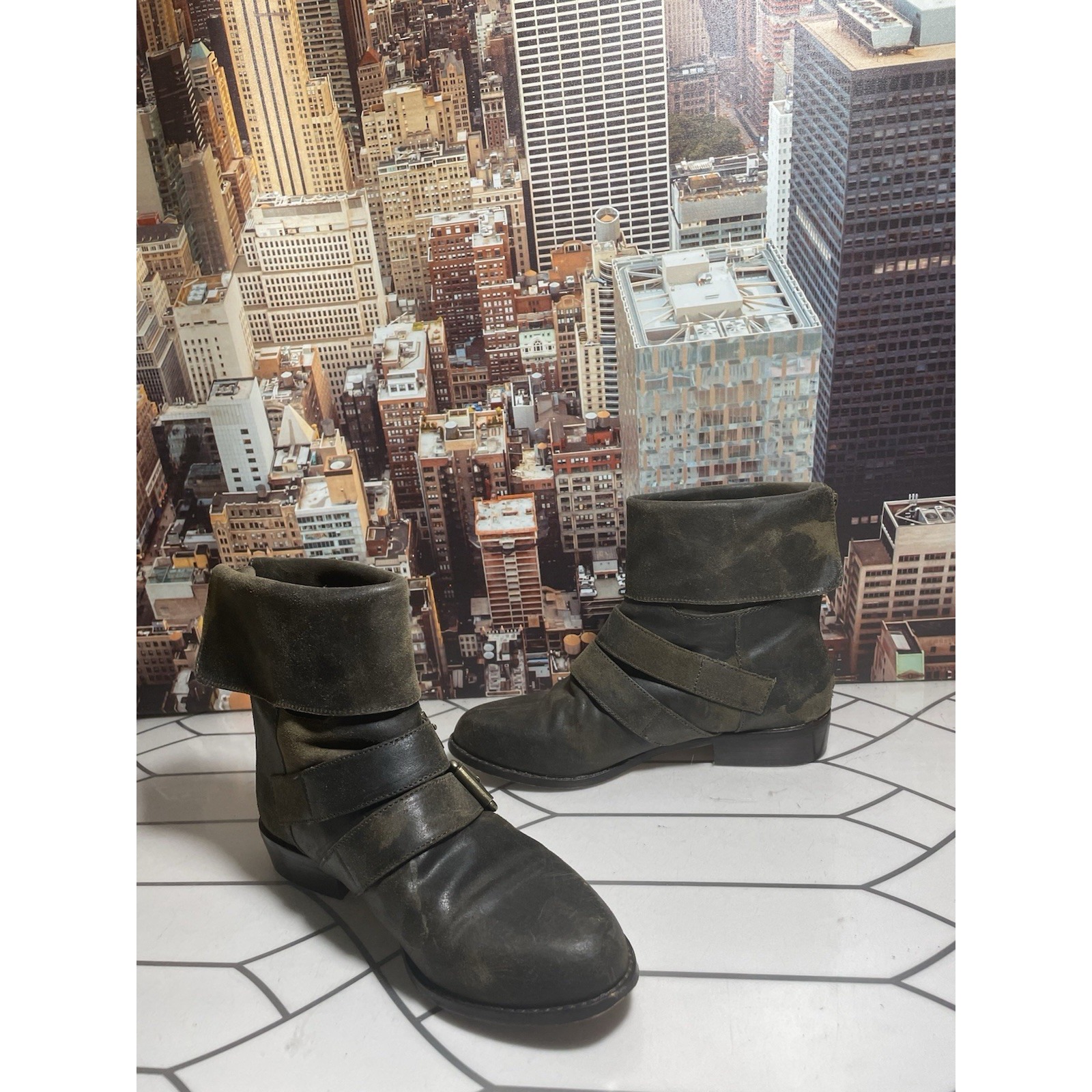 Michael Kors Shoes | Kors Michael Kors Taupe Leather Moto Boots Distressed Flat Size 7 Buckles Moto | Color: Brown | Size: 7