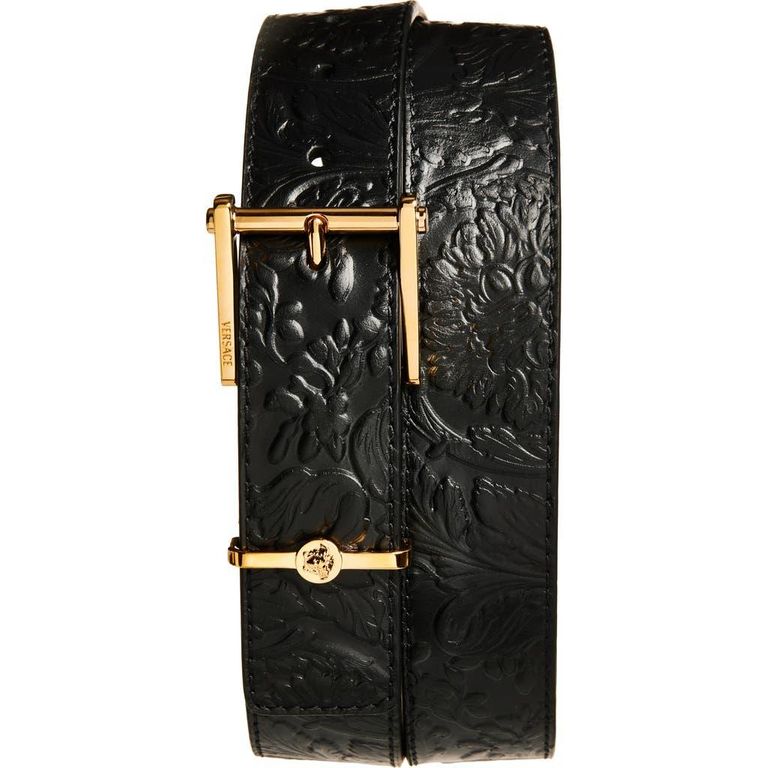 Barocco Embossed Leather Belt - Black - Versace Belts