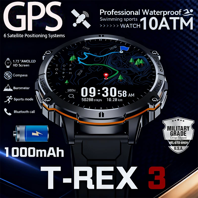 T-Rex 3 Military Grade 1000mAh Battery Smart Watch 10ATM Waterproof GPS Compass Altimeter Call AMOLED Men Swim Sports Smartwatch