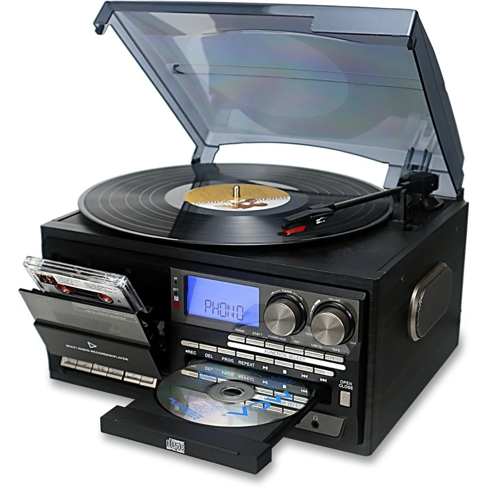 Best - Vinyl Record Player 10 in 1 3 Speed Bluetooth Vintage Turntable CD Cassette Player AM/FM Radio USB Recorder,RCA Line Out