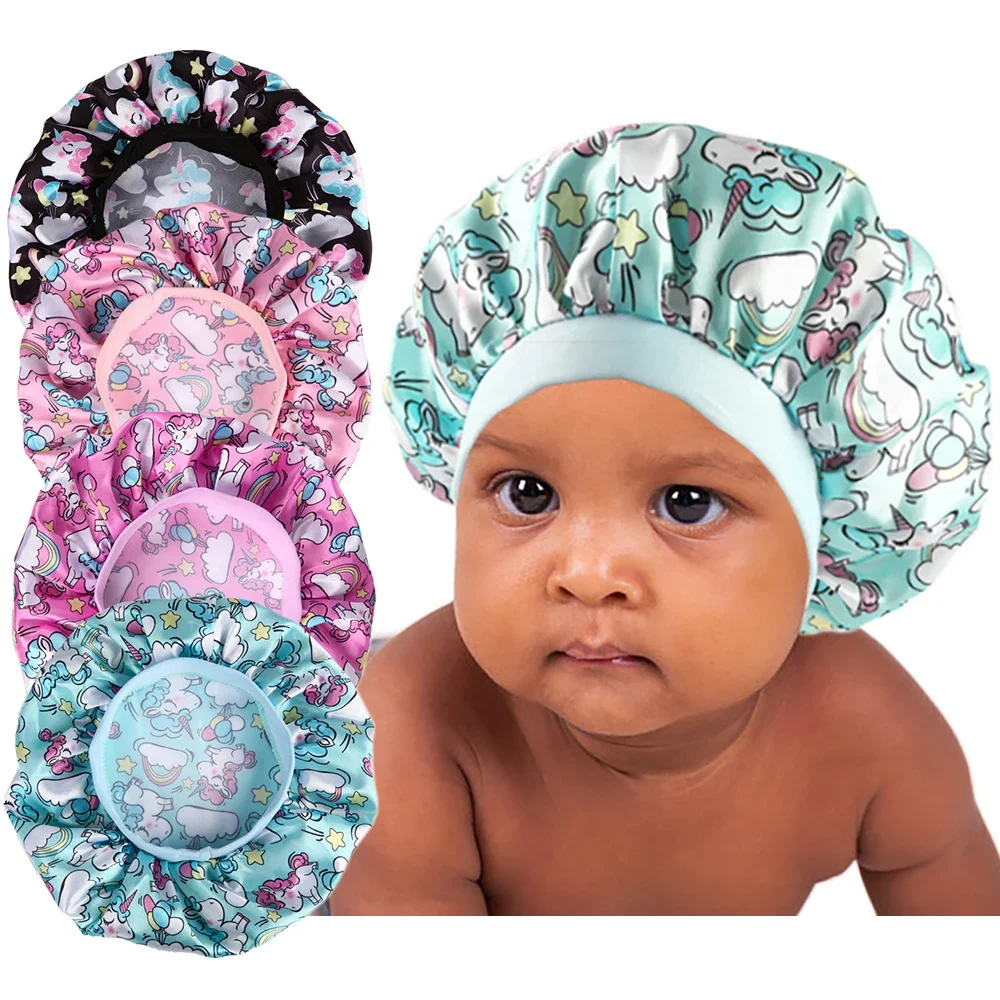 Neue Baby Einhorn Cartoon Print Satin Nacht Schlaf Kappe Elastische Breite Band Motorhaube Haar Abdeckung Hut Beanie Salon Bad Spa Dusche Kappen Image