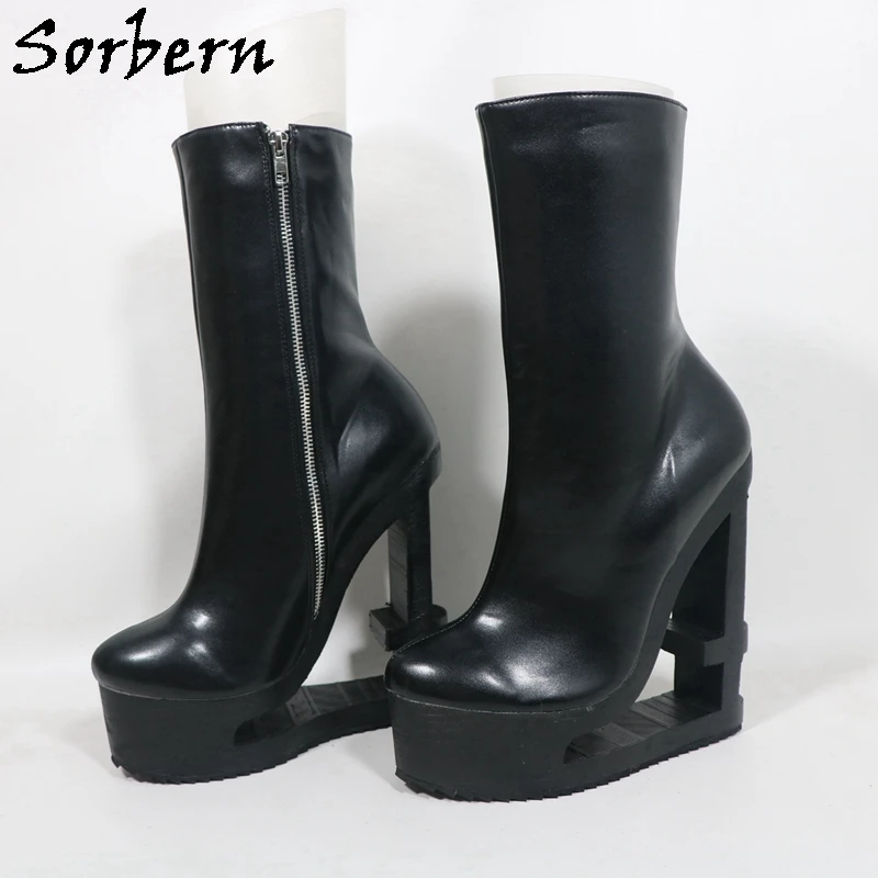 Sorbern Schwarz Matt Knöchel Damen Stiefel Damen High Heel Round Toe Plateauschuhe Hollow Out Keilabsatz Custom Plus Größe 47 48