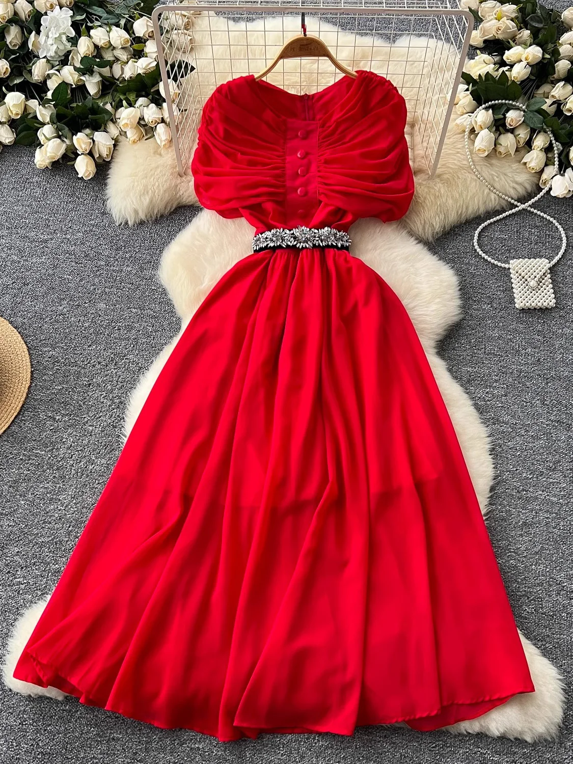 Frühling Sommer Frauen Rot/Lila/Grün Drapierte Chiffon Lange Kleid Vintage Rundhals Hohe Taille A-Line Maxi Vestido weibliche Robe Neue