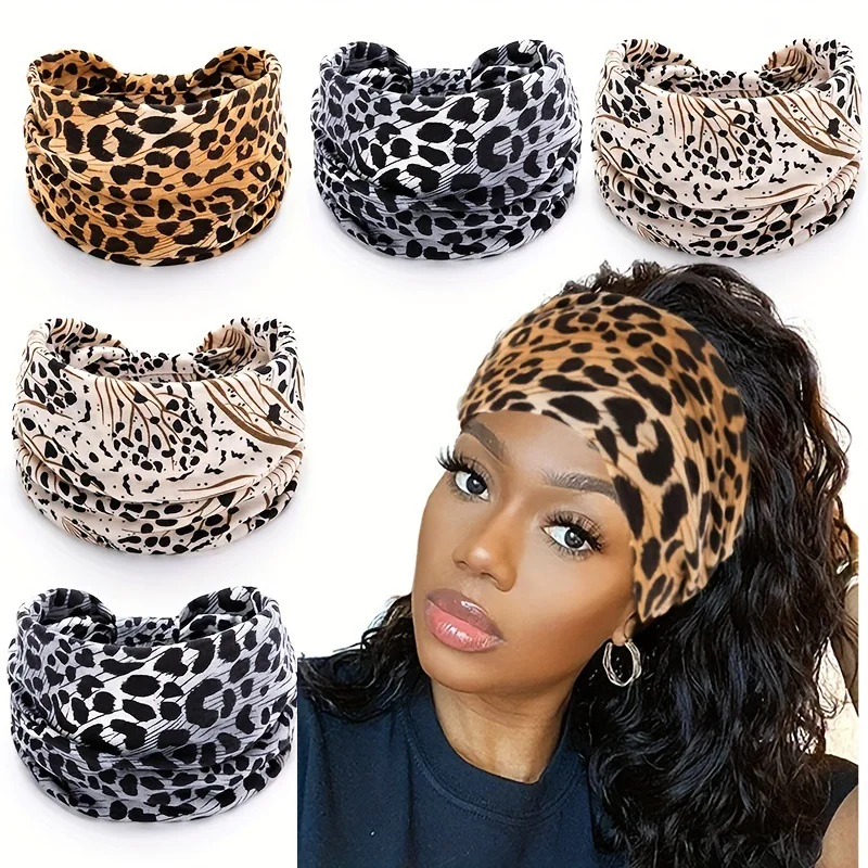 Sport-Stirnband mit Leopardenmuster, europäisches und amerikanisches geknotetes elastisches Stirnband mit breitem Rand, schweißabsorbierendes Stirnband Image
