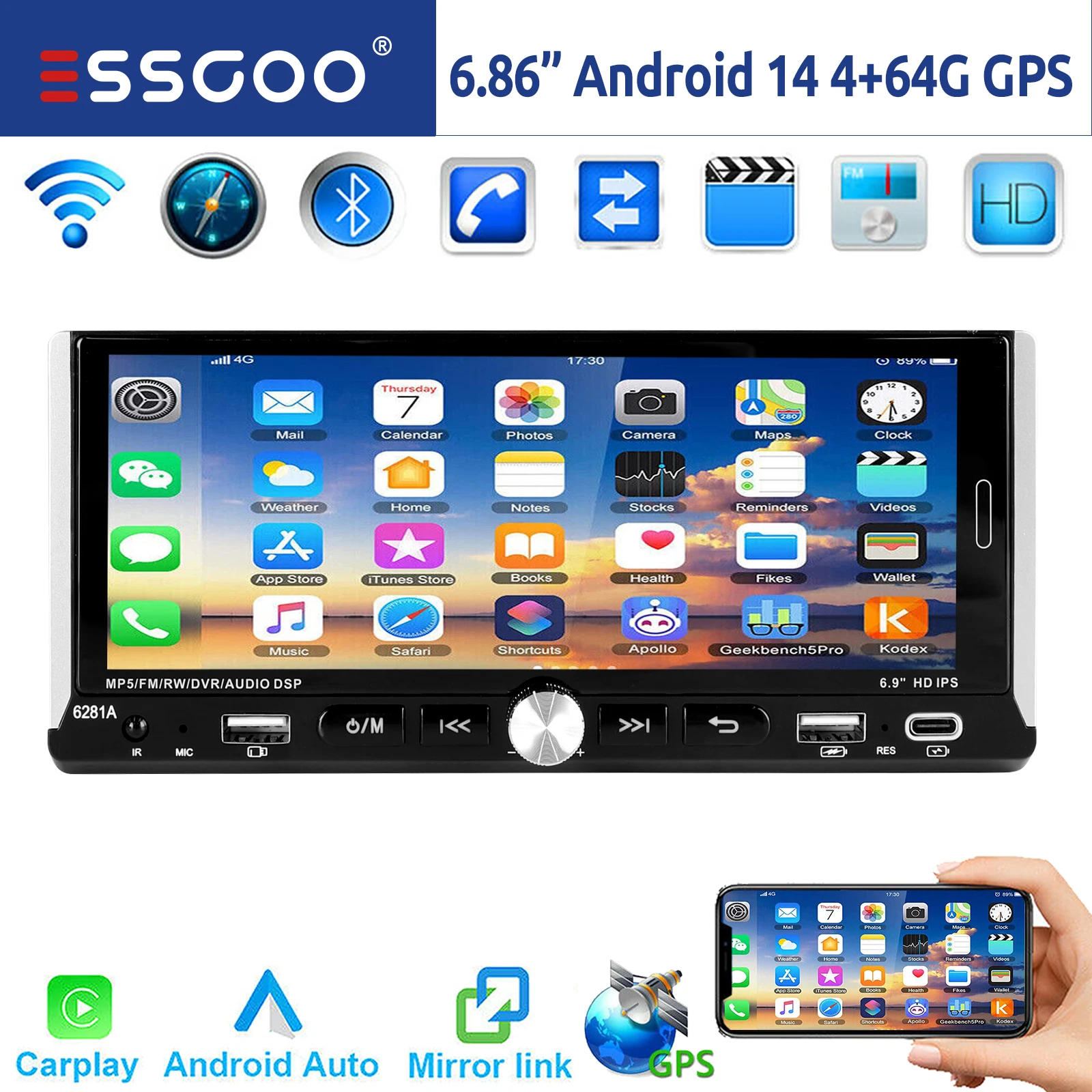 ESSGOO 1 DIN Autoradio Android 14 4+64G Stereo Auto con Wireless Apple Carplay Android Auto Navigatore GPS WIFI FM RDS Controllo al Volante Bluetooth Touchscreen USB Type-C Equalizzatore Mirror Link