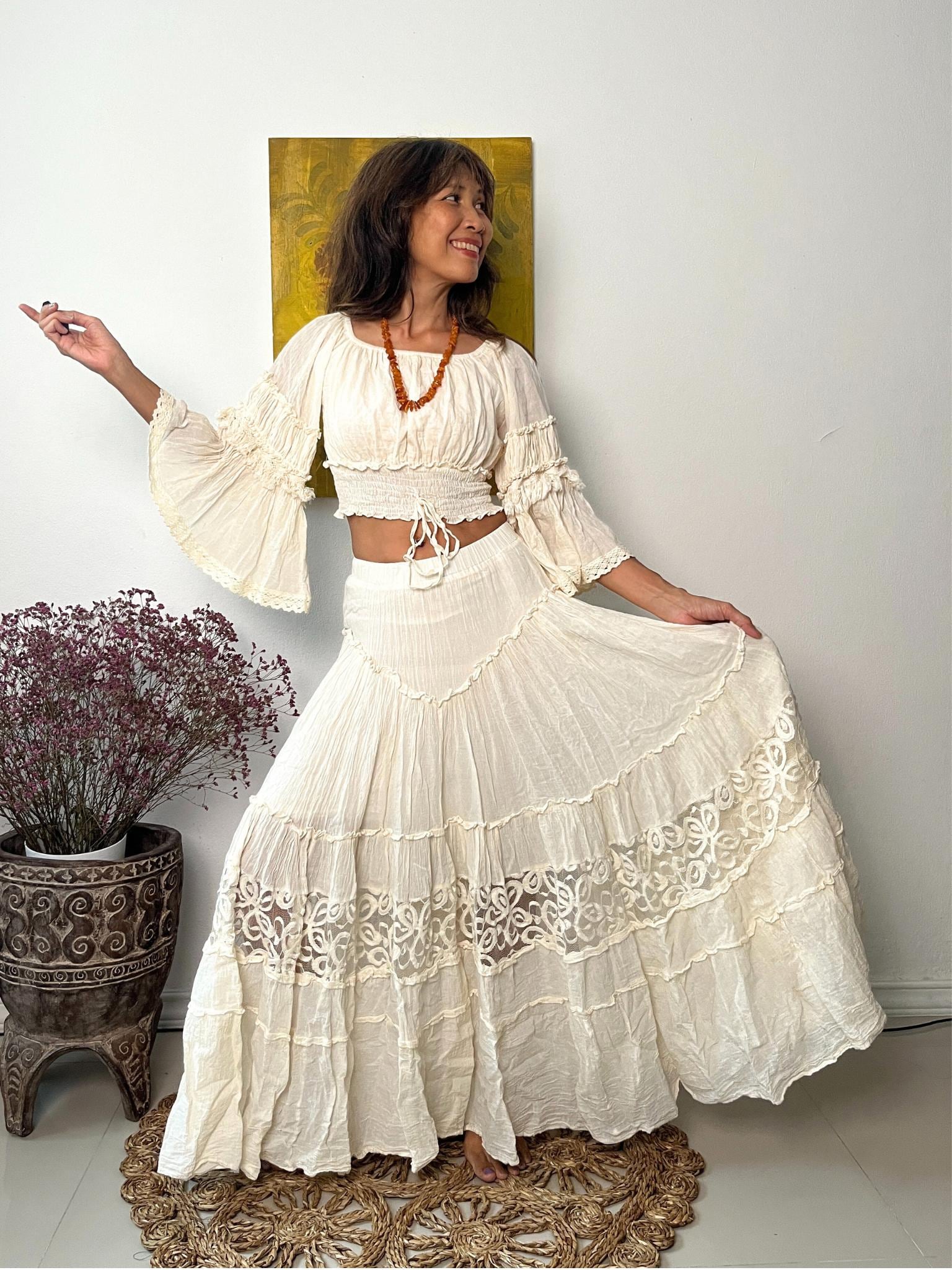 Completo boho da 2 pezzi, top e gonna, completo da sposa da 2 pezzi, gonna lunga con pizzo di cotone, completo premaman da 2 pezzi per servizi fotogra