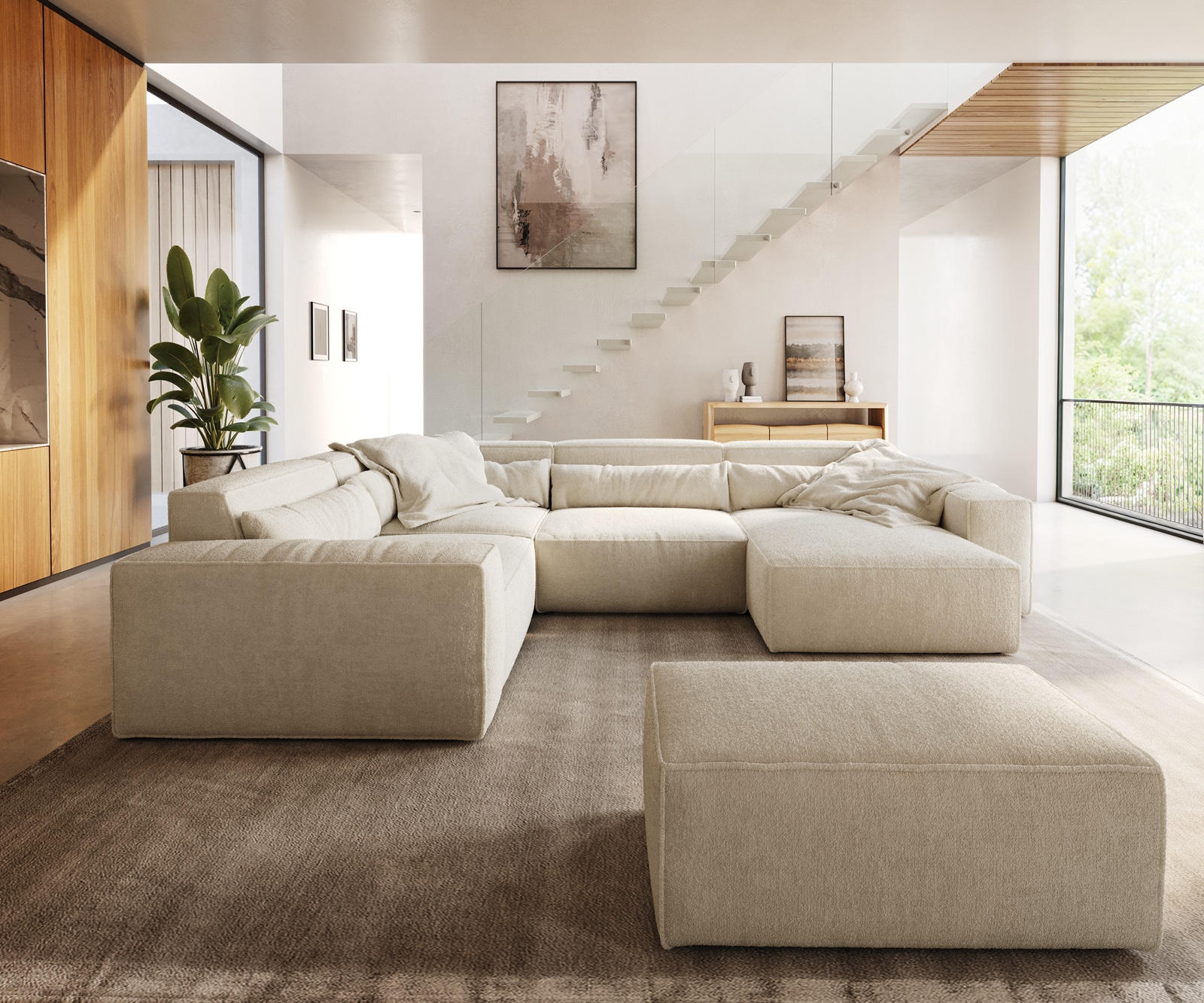 DELIFE Wohnlandschaft Sirpio 300x210 cm Bouclé Creme-Weiß Recamiere variabel mit Hocker, Wohnlandschaften Image