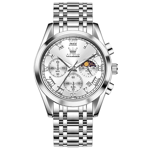 Montre Olevs 2871 pour homme, bracelet en acier inoxydable, étanche jusqu'à 30 m, avec calendrier et phases de lune