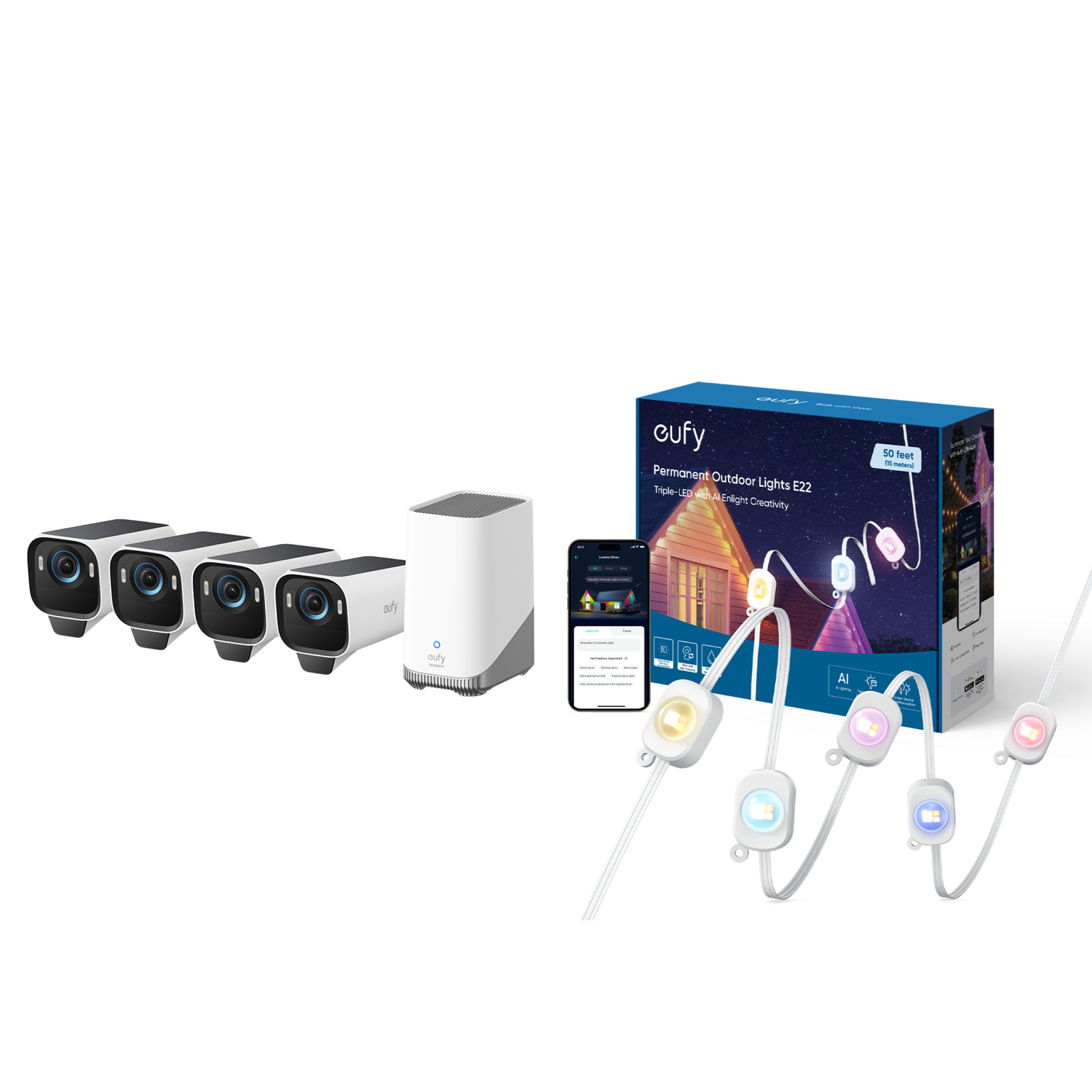 eufyCam S3 Pro 4-Cam Kit + 1 TB Hard Drive + Outdoor Lights E22 (50ft with 30 lights)
