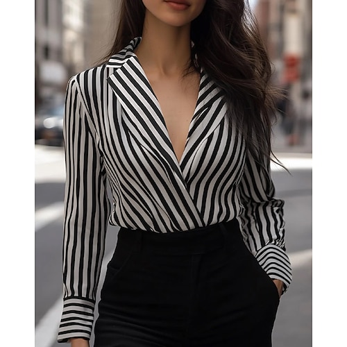 Damen Hemd Elegant Satin-Top Bluse Gestreift Stilvoll Langarm Hemdkragen Normale Oberteile Ferien Ausgehen Schwarz und Weiß Frühling Herbst Image