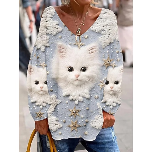 Damen T Shirt Druck Grafik Tiermotiv Katze Elegant Vintage Mode Langarm V Ausschnitt Normale Oberteile Täglich Wochenende Blau Rosa Purpur Frühling Herbst Image