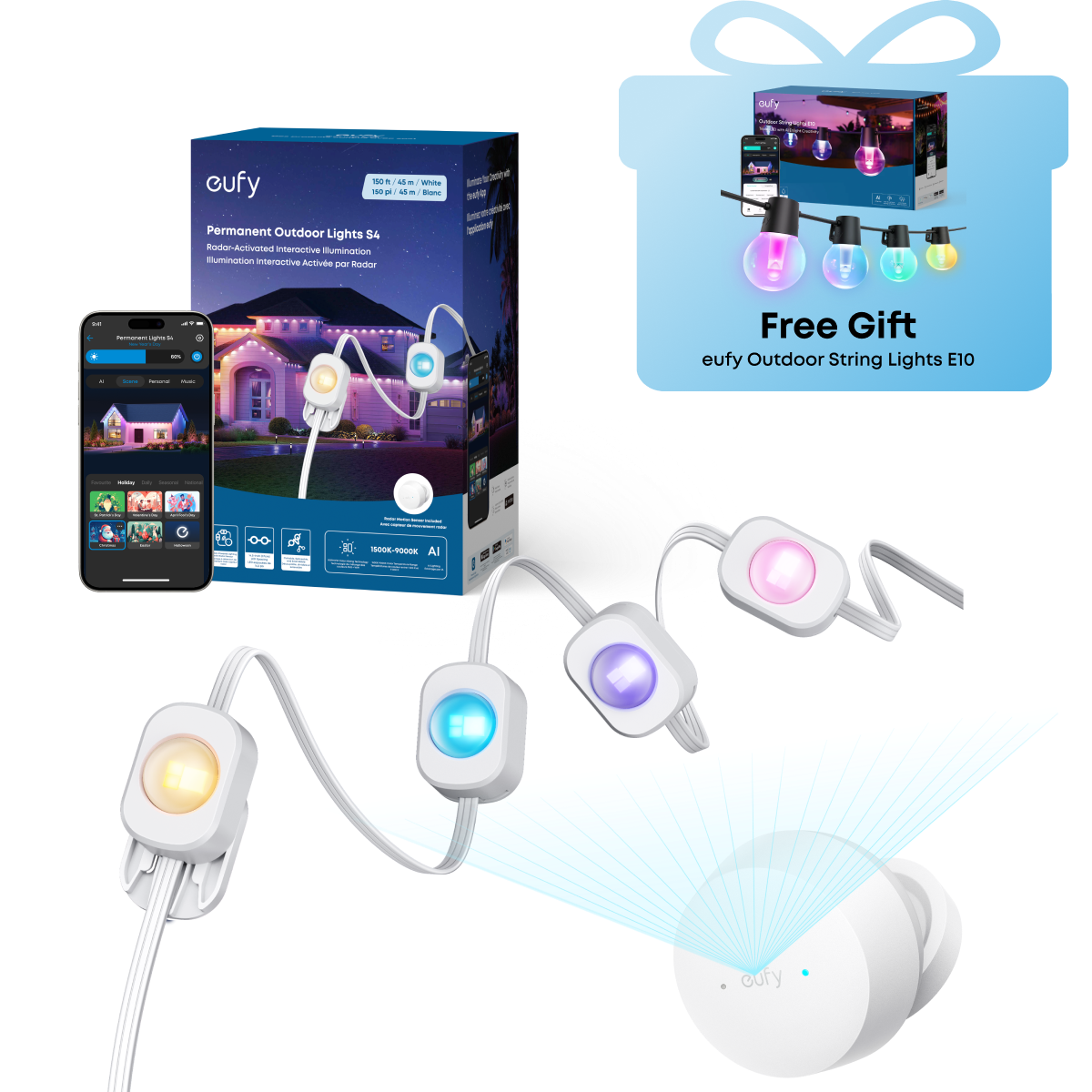 eufy Permanent Outdoor Lights S4 (150ft with 108 LED Lights) +Free eufy Outdoor String Lights E10 White