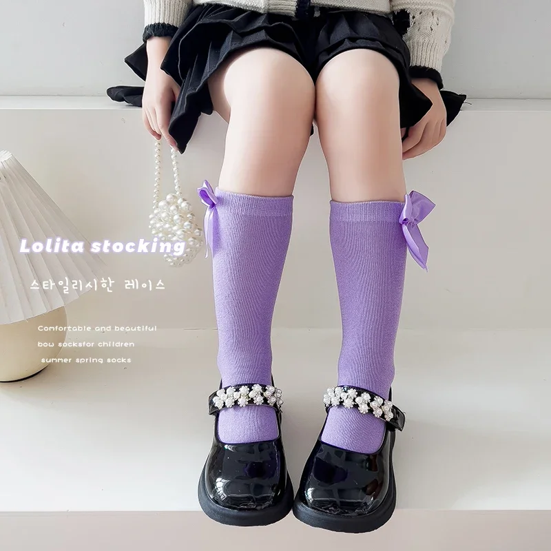 Lolita Bogen Koreanische Version Prinzessin Kleines Mädchen Student Mädchen Mid Tube Socken Frühling Herbst Einfarbig Lange Röhre Tanz Socken Image