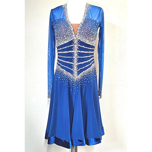 Damen Ballsaal Tanzkleid königsblau mit Kristall-Strasssteinen Langarm Walzer Foxtrott Quickstep Wettkampf Performance Kleid Image