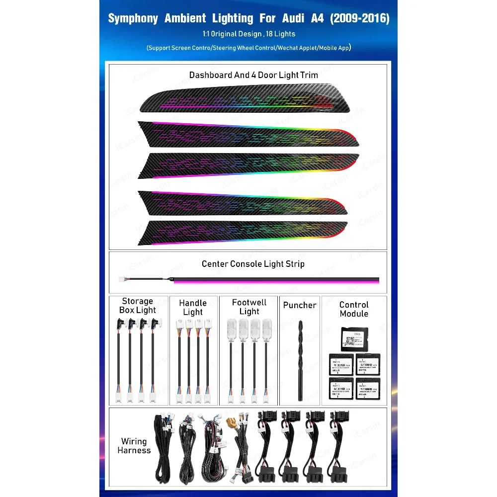 APP-gesteuertes Auto-Umgebungslicht für Audi A4 B8 2009–2016, 256-Farben-Musiksynchronisierungs-Innenraum-LED-Streifen-Set mit kabelloser Fernbedienung Image