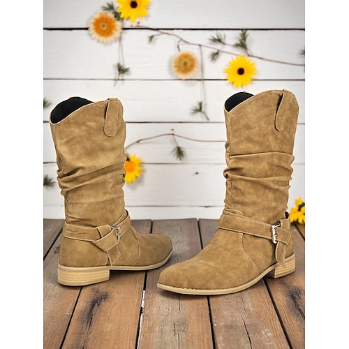 Dunkelbraune Slouchy-Stiefel für Damen mit Schnalle – lässige Stiefeletten mit niedrigem Absatz für den Alltag Image