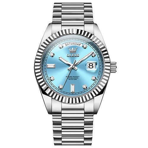 OLEVS Herren Mechanische Uhr Luxus Mode Strass Geschäft leuchtend Kalender Wasserdicht Edelstahlband Beobachten Image