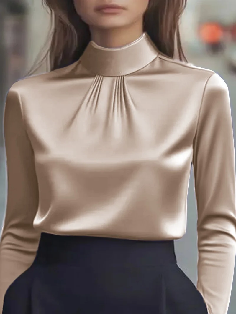 Elegante Damenbluse, einfarbig, elegant, täglich, stilvoll, Stehkragen, normale Oberteile Image