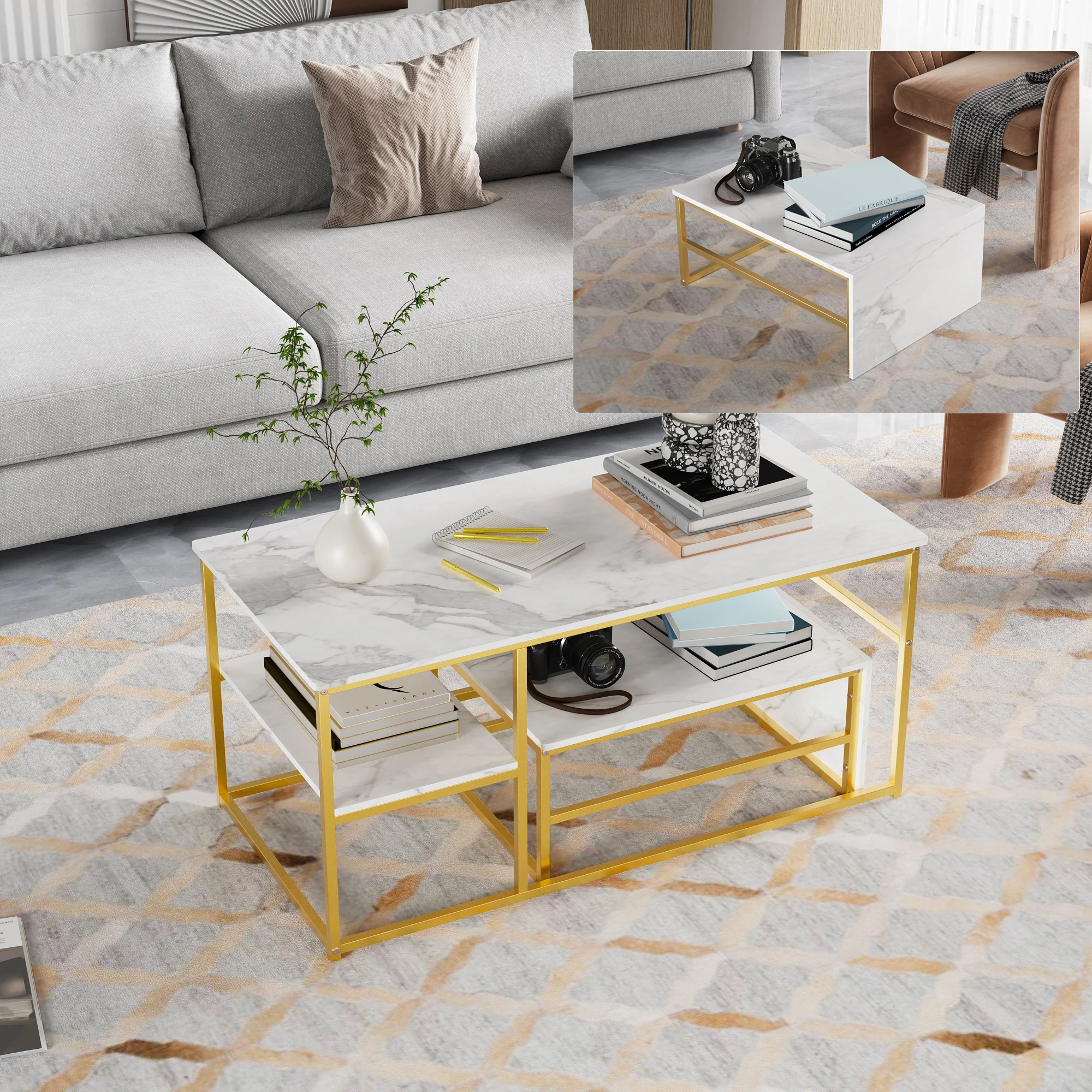 Couchtisch, 2-set Wohnzimmertisch, Couchtisch mit Stahlgestell und Ablagen, Einfache Aufbau, Sofatisch aus Holz, Beistelltisch