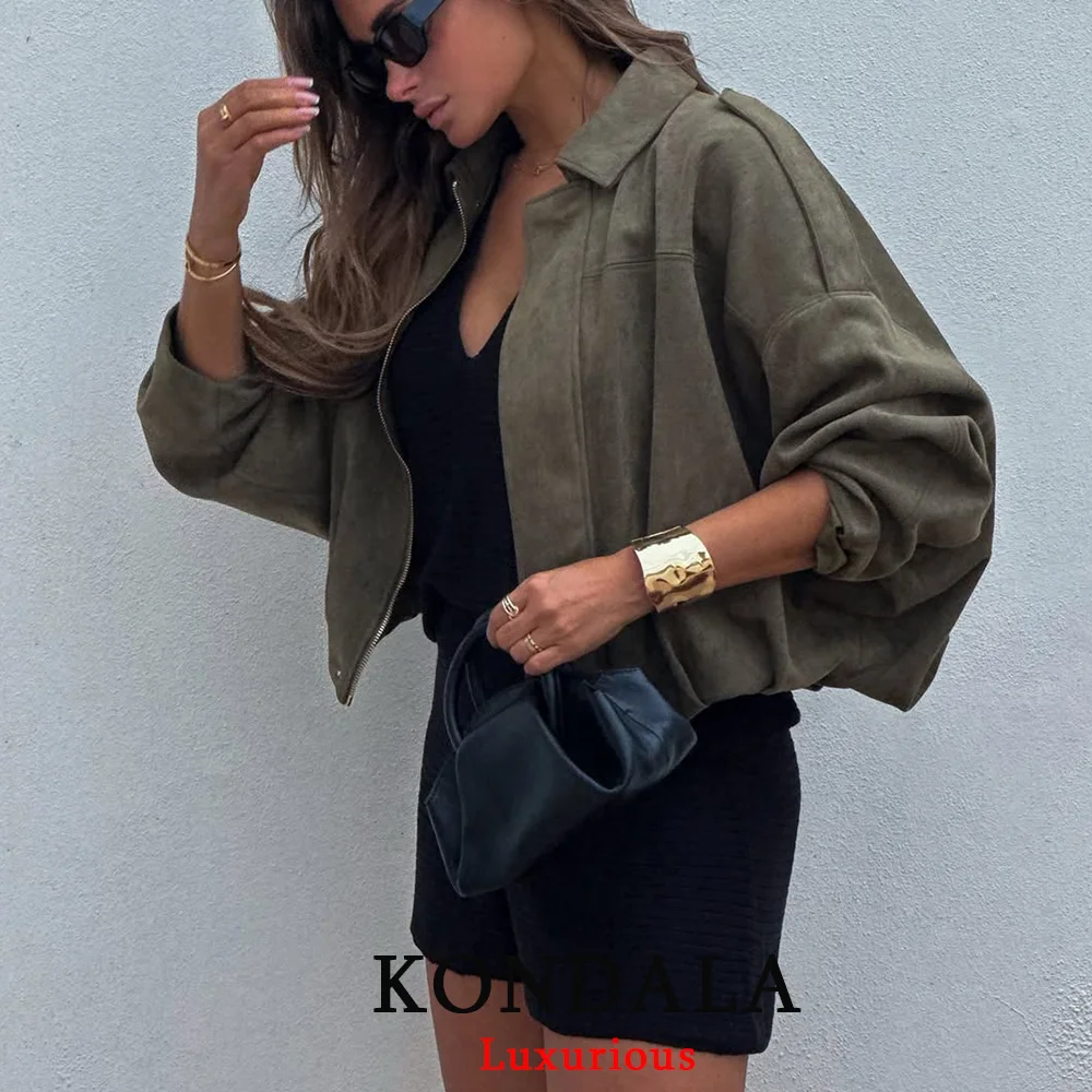 KONDALA Casual Chic Grün Bomber Jacken Frauen Lange Sleeve Zipper Lose Mäntel Mode 2025, Herbst Winter Streetwear Outwears