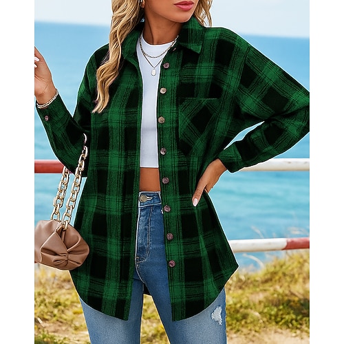 Damen Kariert Hemdjacke Lounge-Oberteil Herbst Langarm Athleisure Leicht Outdoor Reise Sport Schwarz Gelb Rot Sportbekleidung Sportkleidung