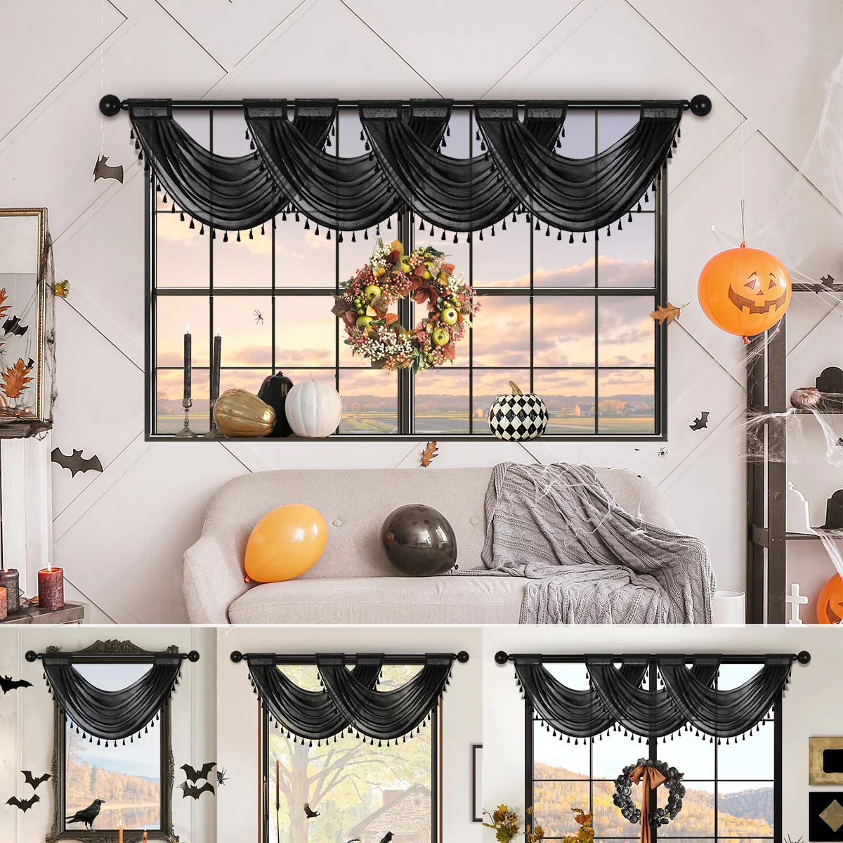 1 Stück schwarzer transparenter Fenstervolant für Wohnzimmer, Stangentasche, Voile-Volant für die Fenstertür, Halloween-Festival Image