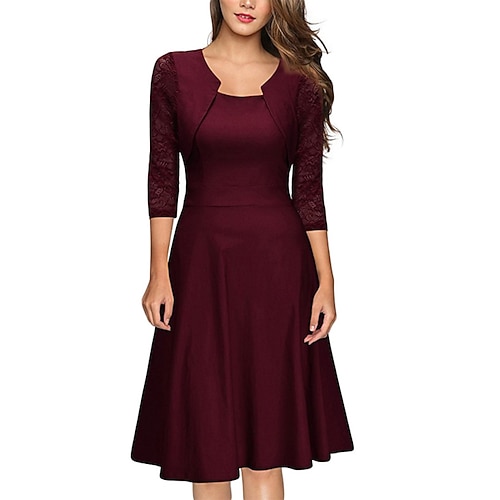 Damen Minikleid A Linie Kleid Elegant Party Cocktail Outdoor Party Hochzeit Spitze Patchwork Normale Passform Einfarbig Dreiviertelarm Quadrathals Rosa Wein Rote Image
