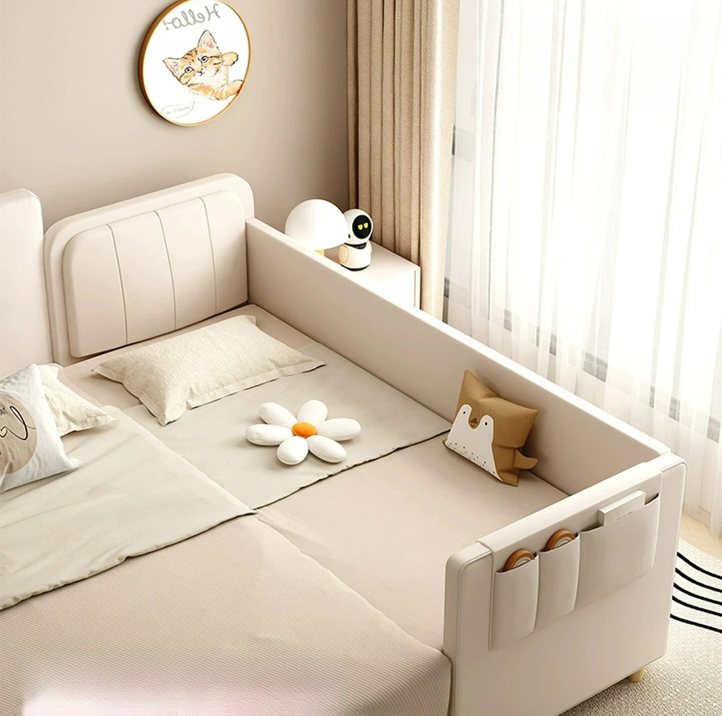 Anpassbare weiche Tasche Spleißartefakt Baby Nachttisch verbreitertes Spleißbett Erwachsene Geländer Massivholz Kinder Nachttischbett Image