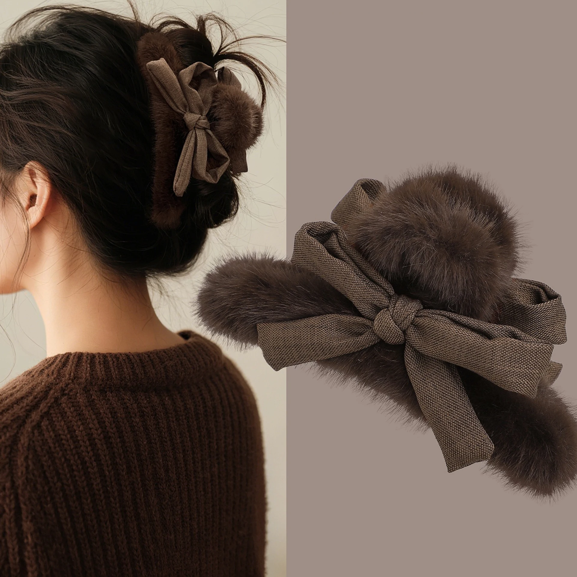 1 Stück Herbst/Winter Mode Kaninchenfell Schleife Haarspange, Damen große Plüsch Hai Clip Haarnadel für die Rückseite des Kopfes Image