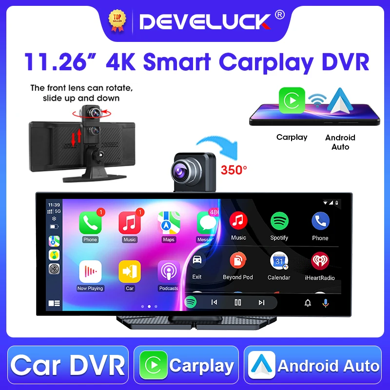 Develuck 11,26 Zoll Carplay Auto DVR 4K Dashcam 350 ° Drehbare Frontkamera Android Auto Registrar Mirror-Link Sprachassistent AUX Image