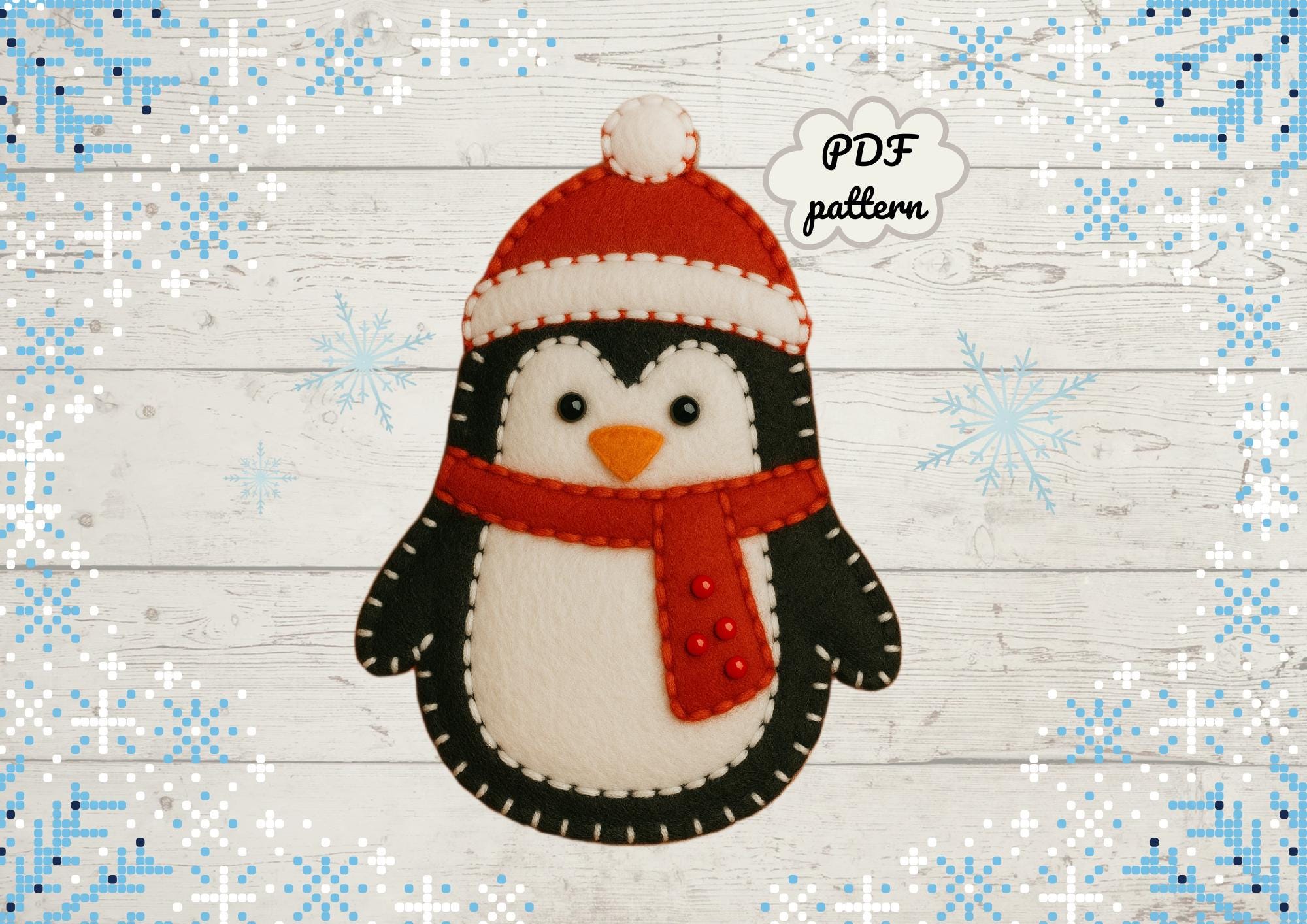 Modello PDF per realizzare un pinguino in feltro. Crea un grazioso e semplice giocattolo in feltro usando tecniche di cucito di base. Perfetto per i p