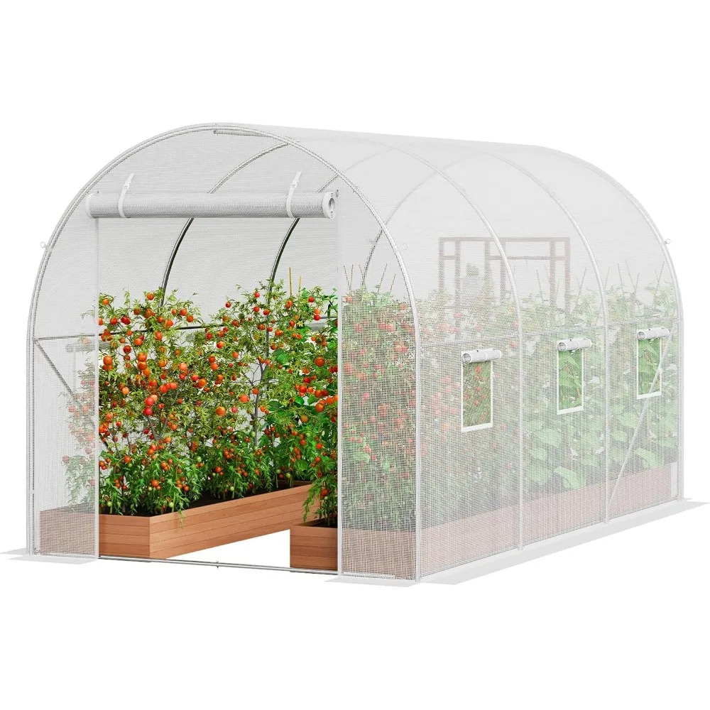 Walk-in Tunnel Greenhouse, 9.6x6.4x6.2 ft Hoop House Greenhouse Tunnel, Plant Hot House with Galvanized Steel Frame, White PE C