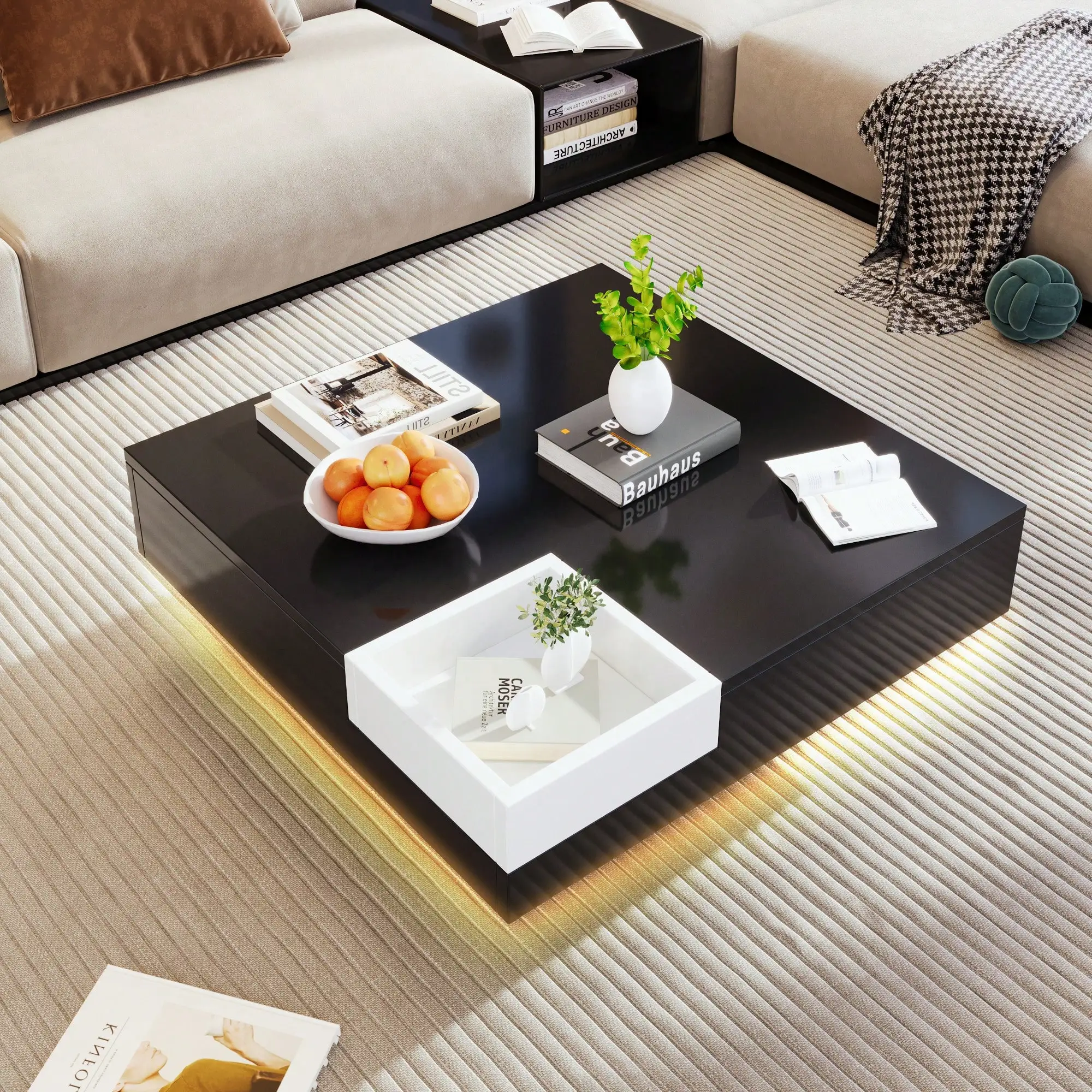 KOMHTOM Moderner quadratischer LED-Couchtisch, glänzend schwarz, Couchtisch, Wohnzimmermöbel, Wohnzimmertisch Image