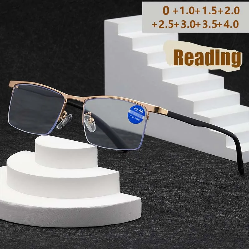 Neue Metall-Halbrahmen-Lesebrille mit hochauflösendem Anti-Blaulicht und Presbyopie für Geschäftsleute 2303 Image