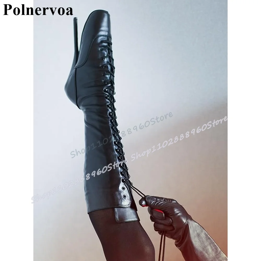 Kniehohe Ballett-Stiefel aus schwarzem Leder mit Kreuzbindung, Super-High-Heel-Schuhe für Damen, seitlicher Reißverschluss, spitze Zehen, stilvolle sexy Stiefel