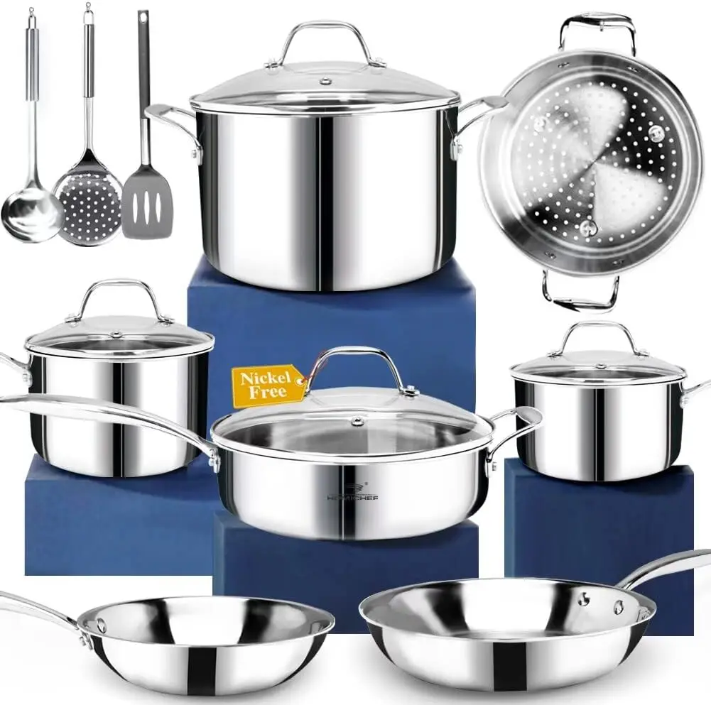Nickel Free Stainless Steel Cookware Set Whole-Clad 3-Ply - Mirror Polished Pots And Pans Set - Healthy Cookware Set With