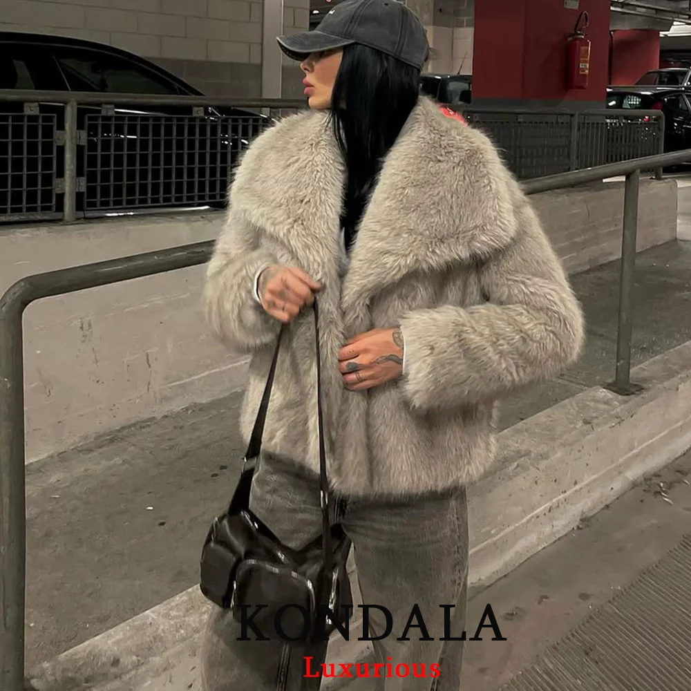 KONDALA Casual Kunstpelz Grau Jacken Frauen V-ausschnitt Lose Taschen Mäntel Mode 2025, Herbst Winter Dicke Warme Elegante Outwears