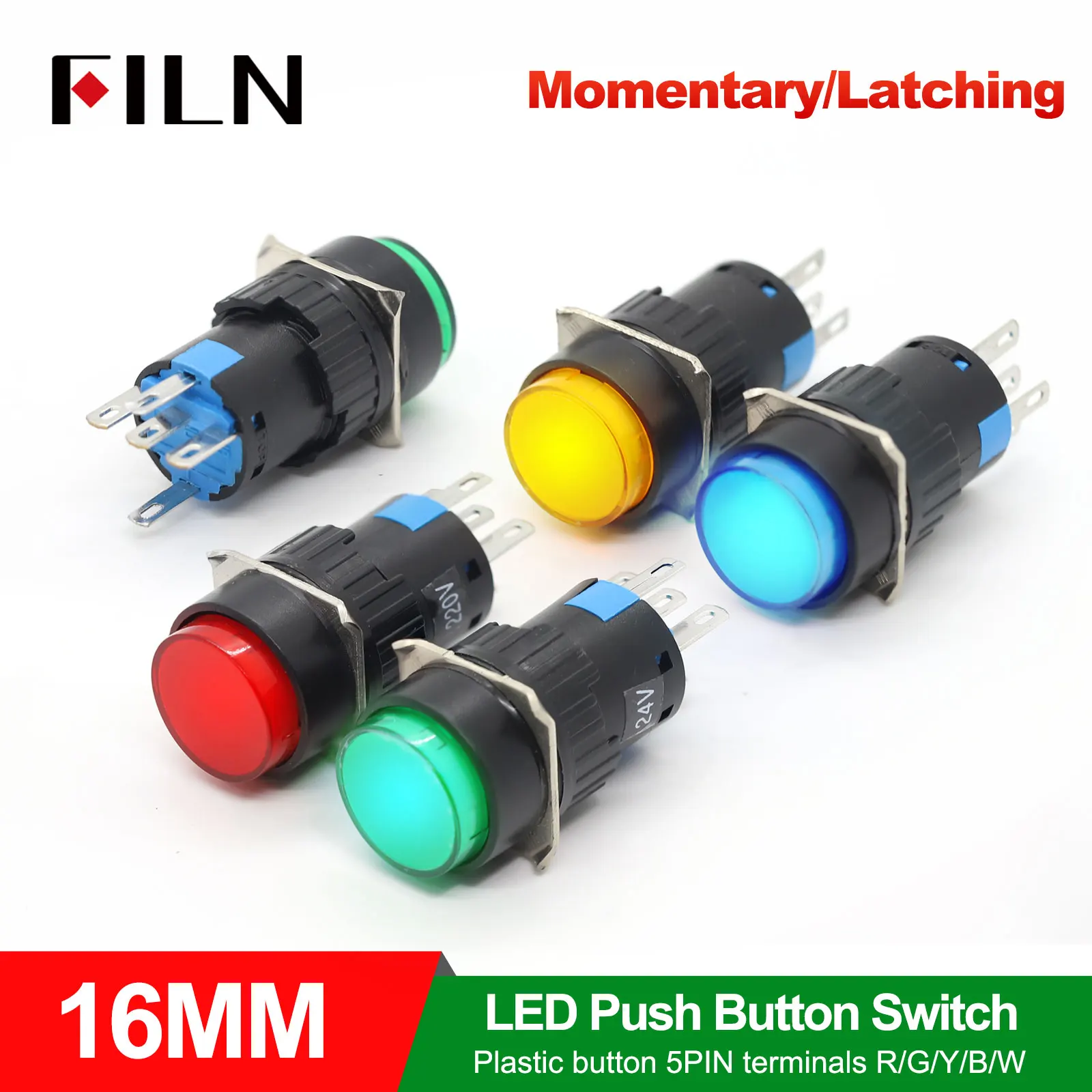 5 Stück 16 mm LED-Drucktastenschalter, kurzzeitig/rastend, Kunststoffknopf mit 5 Pins, rot, grün, blau, 12 V/24 V/220 V, Industrieausrüstung Image