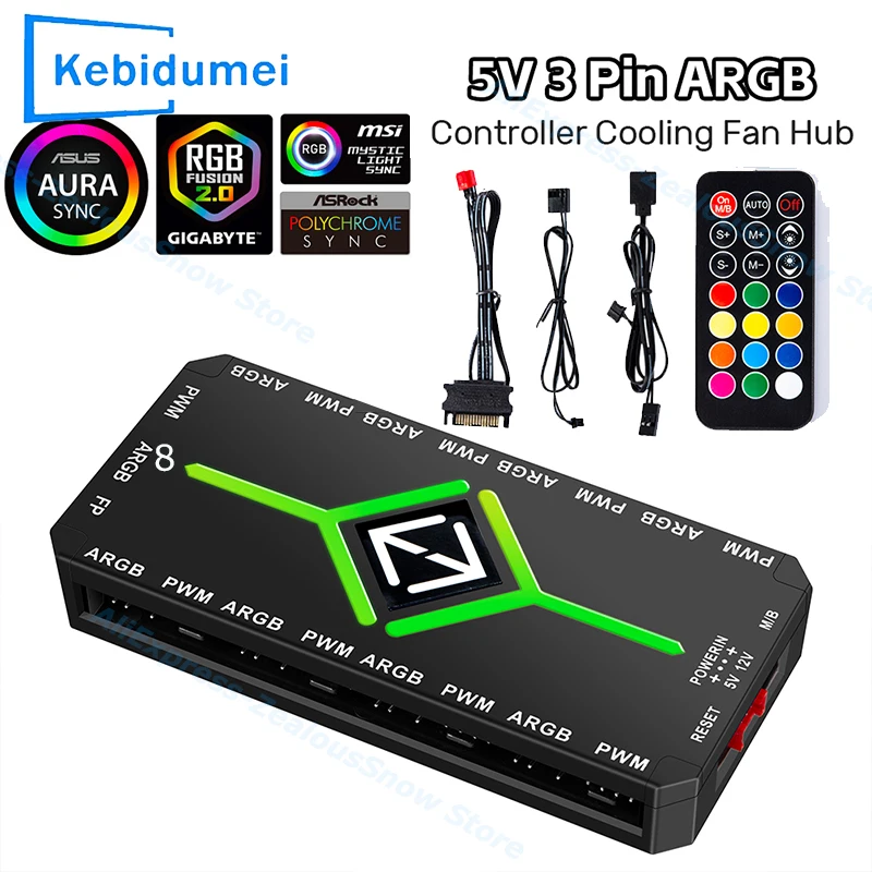  3-in-1 5V 3-poliger ARGB-Controller-Lüfter-Hub 4-poliger PWM-Magnetsaugnabe PWM-Lüfter-Hub 1To9-Anschlüsse für Computer-PC-Gehäuselüfter Image