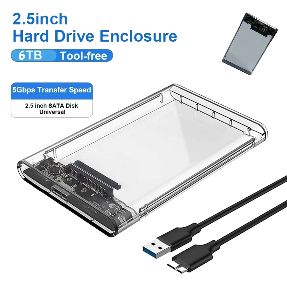 2,5-Zoll-USB 3.0-Gehäuse für externe Festplatten, SATA zu USB 3.1 SSD-HDD-Gehäuse, Werkzeug, kostenlose Installation, UASP, 6 TB, unterstützt 5 Gbit/s Geschwindigkeit Image