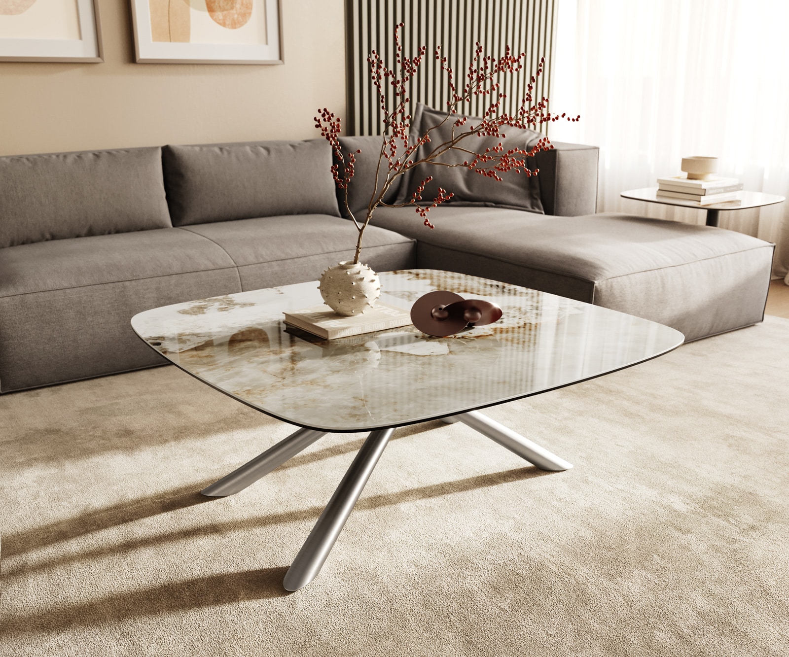 DELIFE Couchtisch Edge Boot 90x90 cm Keramik Minas Melange Sarity Edelstahl gebürstet, Couchtische Image