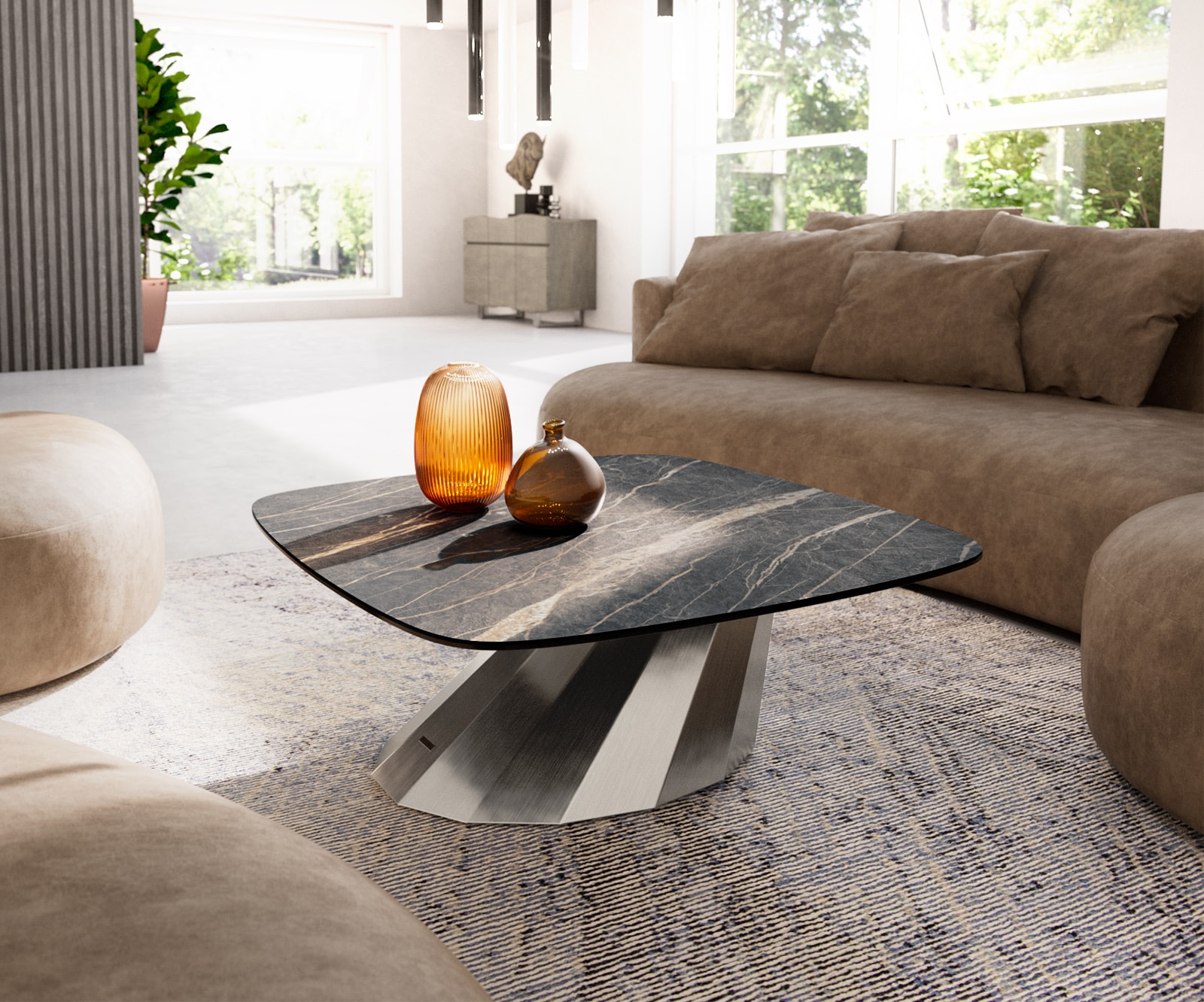 DELIFE Couchtisch Edge Boot 90x90 cm Keramik Laminam® Noir Desir Braun Parabi Edelstahl gebürstet, Couchtische Image
