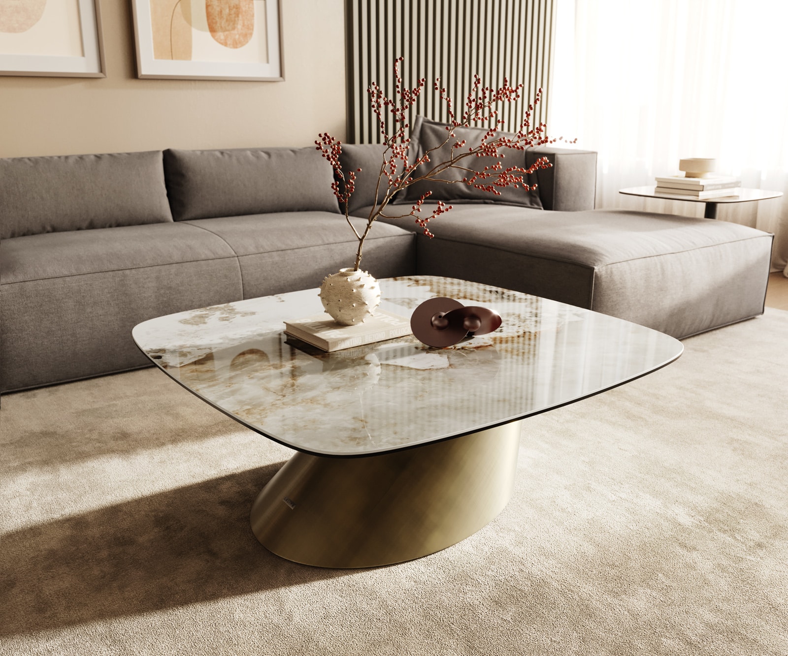 DELIFE Couchtisch Edge Boot 90x90 cm Keramik Minas Melange Conis Metallic Gold, Couchtische Image