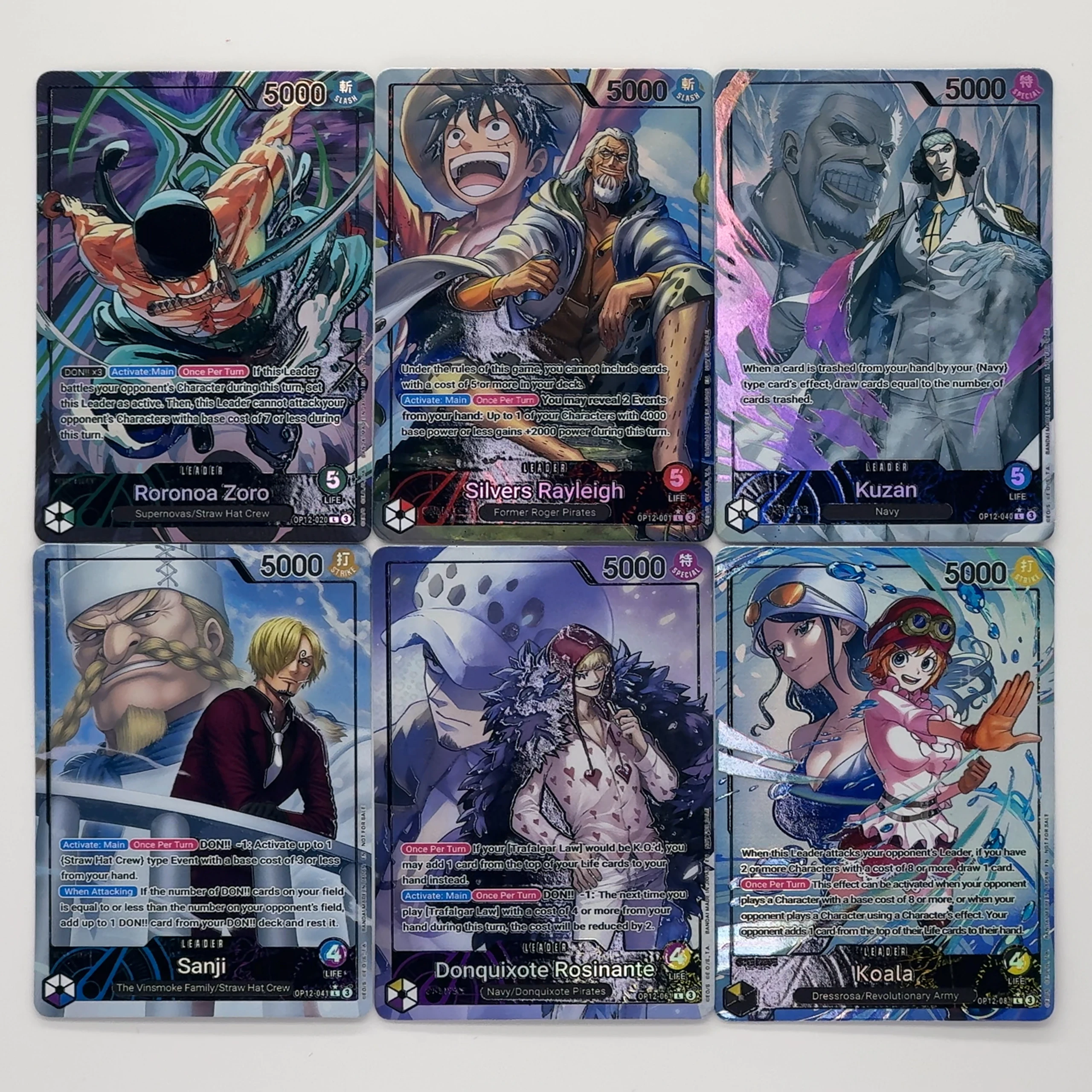 One Piece TCG OPCG Carta leader inglese Set di carte leader OP12 Zoro Rayleigh Kuzan Sanji Rosinante Koala Carta stagnola strutturata