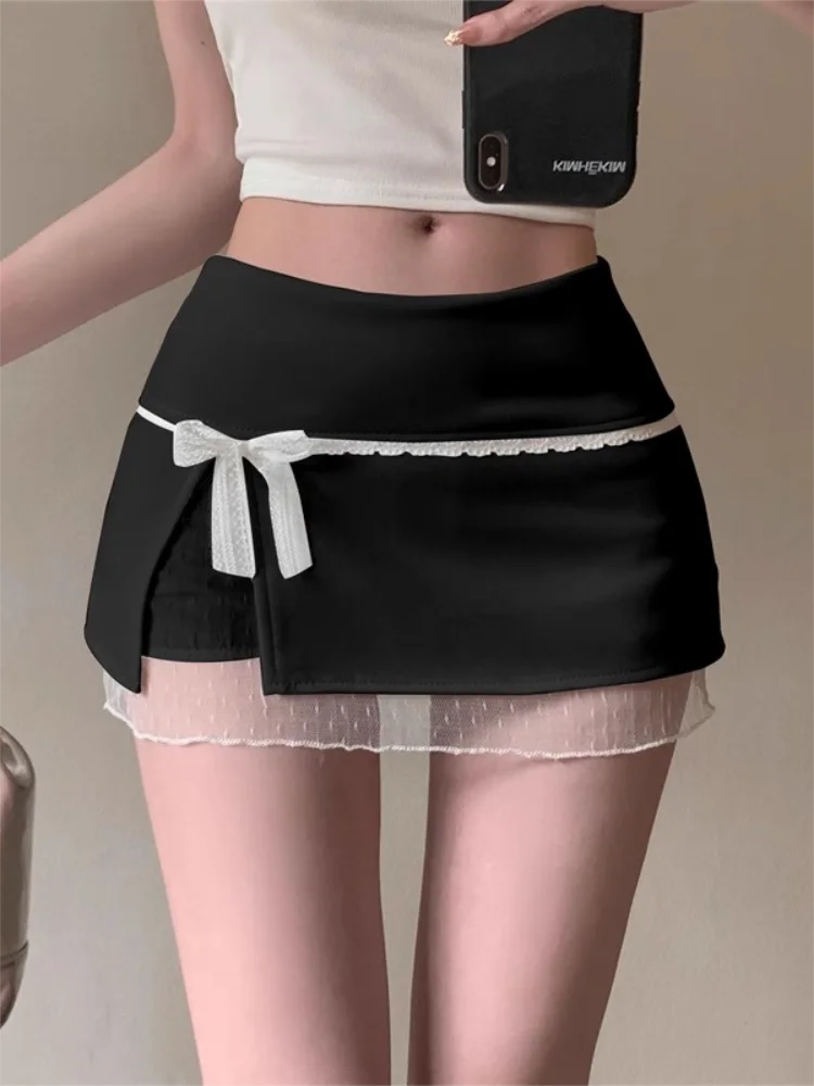 Gonne da donna patchwork in pizzo dolce Estate Minigonne con fiocco giapponese Kawaii Moda Vita bassa Preppy Fessura A Line Gonne Novità