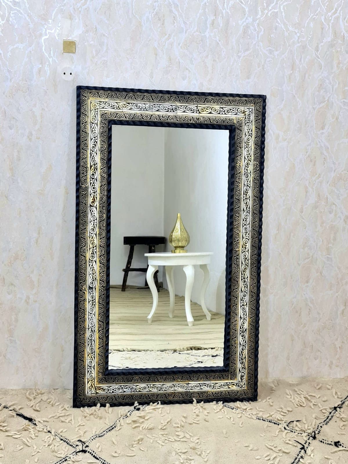 Specchio d'osso vintage, specchio d'osso marocchino, grande specchio da pavimento e da parete, specchio antico fatto a mano, grande specchio, specchio