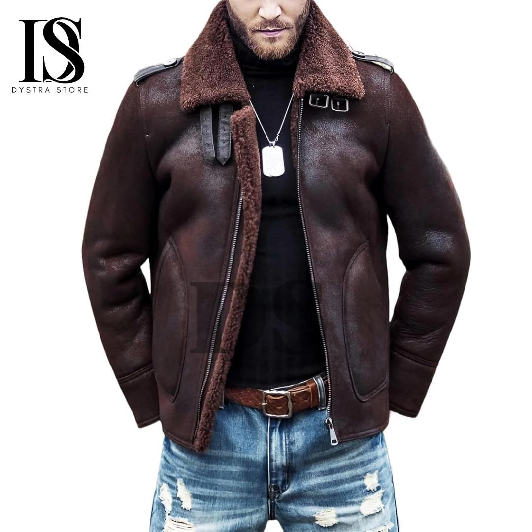 Giacca in pelle marrone shearling da uomo - Giacca in pelle shearling B3 da uomo - Giacca invernale in vera pelle di pecora - Giacca in vera pelle pur